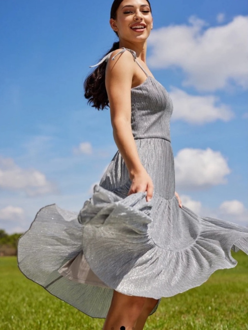 Dress the Population Silver Metallic Pleated Midi Dress